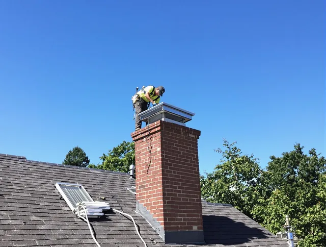 Westport Chimney Sweep technician measuring a chimney cap in Westport, MA