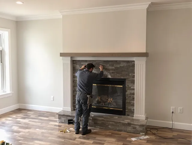 Westport Chimney Sweep finishing a custom fireplace install in Westport, MA